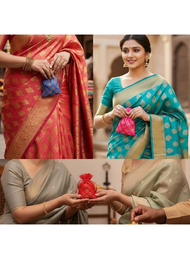 Touchstone Drawstring Bags Traditional Indian Handcrafted in Mimosa leaf Pattern Brocade fabric. Perfect for Gifts Jewelry Weddings Sweet Distribution Set of 20 Vibrant Multicolor Pouches Purses. - Image 2