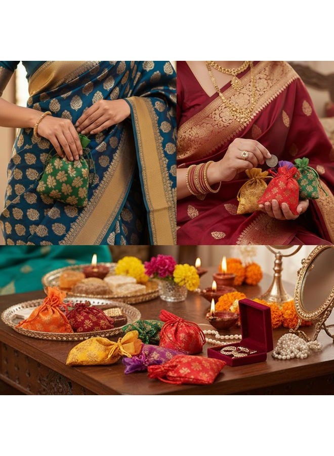 Touchstone Drawstring Bags Traditional Indian Handcrafted in Mimosa leaf Pattern Brocade fabric. Perfect for Gifts Jewelry Weddings Sweet Distribution Set of 20 Vibrant Multicolor Pouches Purses. - Image 3