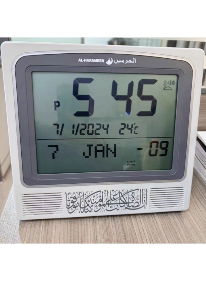 AL-HARAMEEN Digital Azan Table Alarm Clock Square Shape Carbon Fibre Silver/Black 22.5x21.5cm - Image 1