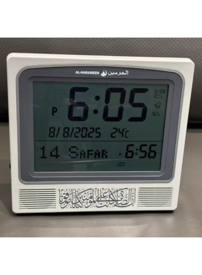 AL-HARAMEEN Digital Azan Table Alarm Clock Square Shape Carbon Fibre Silver/Black 22.5x21.5cm - Image 3