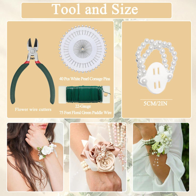 Wullina Floral Tape and Boutonniere Kit with Green Floral Tape, Floral Wire, Boutonniere Flower pin, Wire Cutter and Elastic Pearl Wrist Corsage Bands for Bouquet Supplies - Image 3