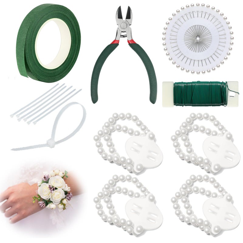 Wullina Floral Tape and Boutonniere Kit with Green Floral Tape, Floral Wire, Boutonniere Flower pin, Wire Cutter and Elastic Pearl Wrist Corsage Bands for Bouquet Supplies - Image 1