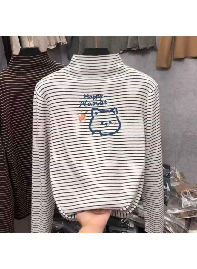 Boys And Girls' Thermal Base Layer Shirts, Spring And Autumn, Big Kids' Half-high Collar Long-sleeve T-shirts, Stylish Striped Warm Tops