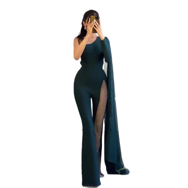 Women'S Clothing Oblique Collar Splicing Mesh Waist Slimming Green Jumpsuit - Image 4