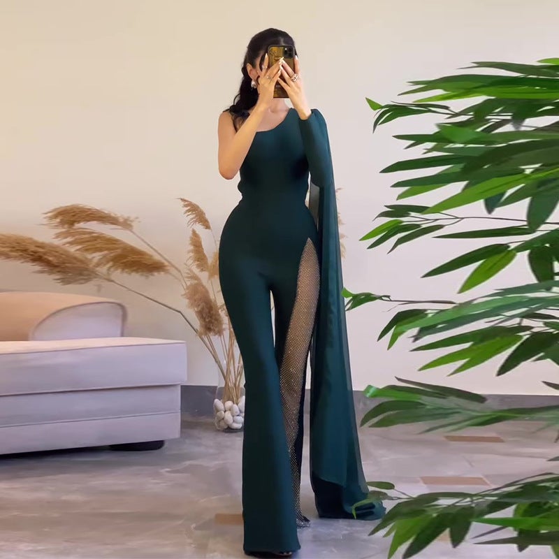 Women'S Clothing Oblique Collar Splicing Mesh Waist Slimming Green Jumpsuit - Image 1