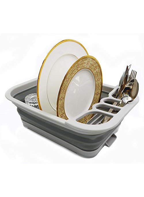 SAMMART SAMMART Collapsible Dish Drainer with Drainer Board  Foldable Drying Rack Set  Portable Dinnerware Organizer  Space Saving Kitchen Storage Tray 1 Grey 