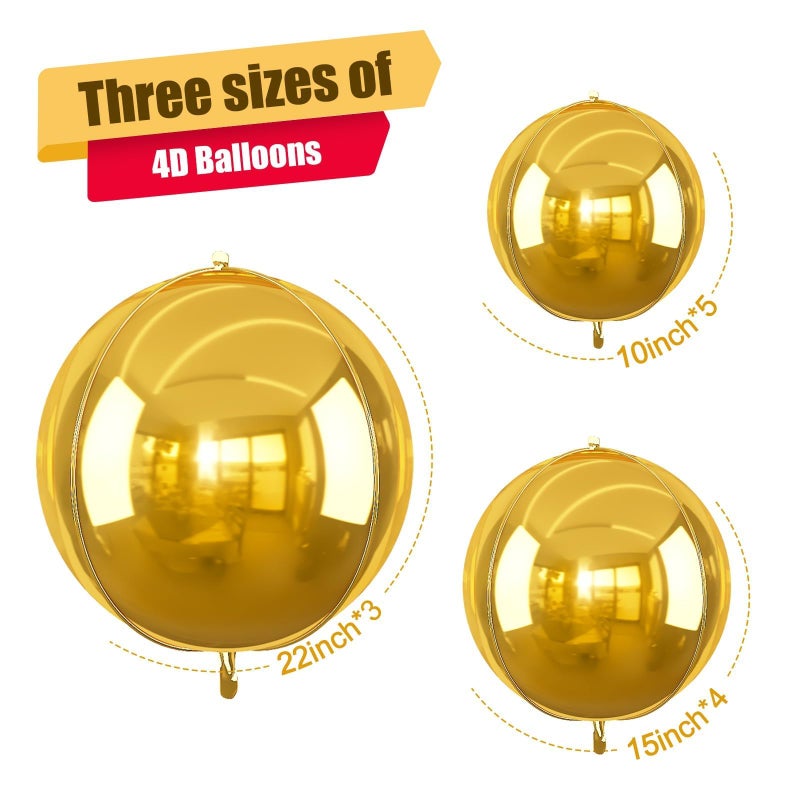 Vibzox 12Pcs Gold Round Foil Balloons, 22" 15" 10" 4D Ball Balloons, Metallic Gold Foil Balloon for Birthday Graduation Wedding Anniversary New Year Eve Disco Party Backdrop Decorations - Image 2