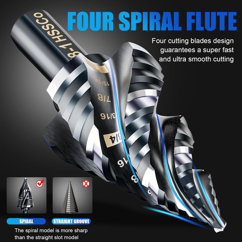 BOYOUYS Four Spiral Flute M35 Step Drill Bit Set 1/8"-1"(9 Sizes), 3/8" Shank for Metal Step Drill bit, Impact Resistant Cobalt Step Drill Bit, for Stainless Steel, Wood, Aluminum, Plastic - Image 4