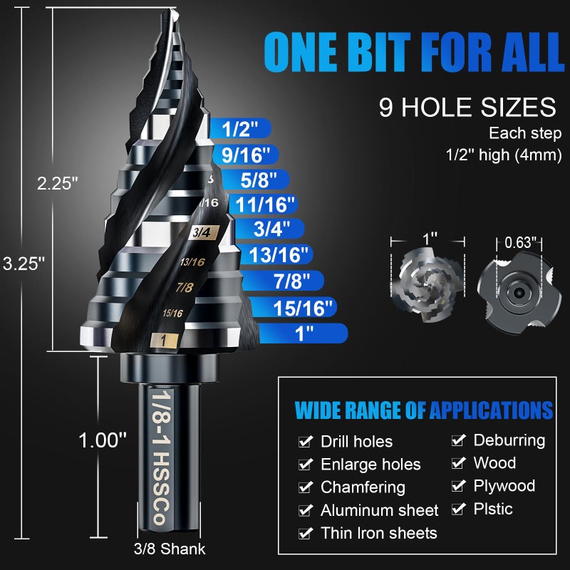 BOYOUYS Four Spiral Flute M35 Step Drill Bit Set 1/8"-1"(9 Sizes), 3/8" Shank for Metal Step Drill bit, Impact Resistant Cobalt Step Drill Bit, for Stainless Steel, Wood, Aluminum, Plastic - Image 5