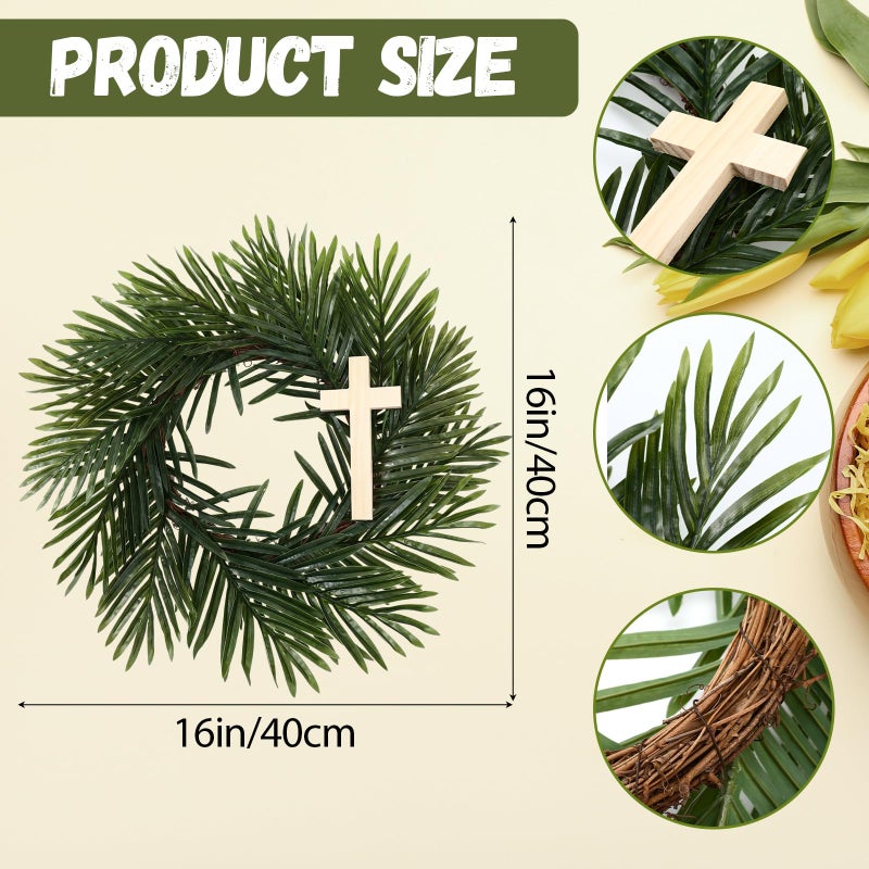Suncalla Easter Wreath with Cross Palm Sunday Decorations Artificial Palm Leaves Wreath Hosanna Religious Christian Front Door Sign Porch Hanger for Easter Indoor Outdoor Home Holy Week Decor - Image 2