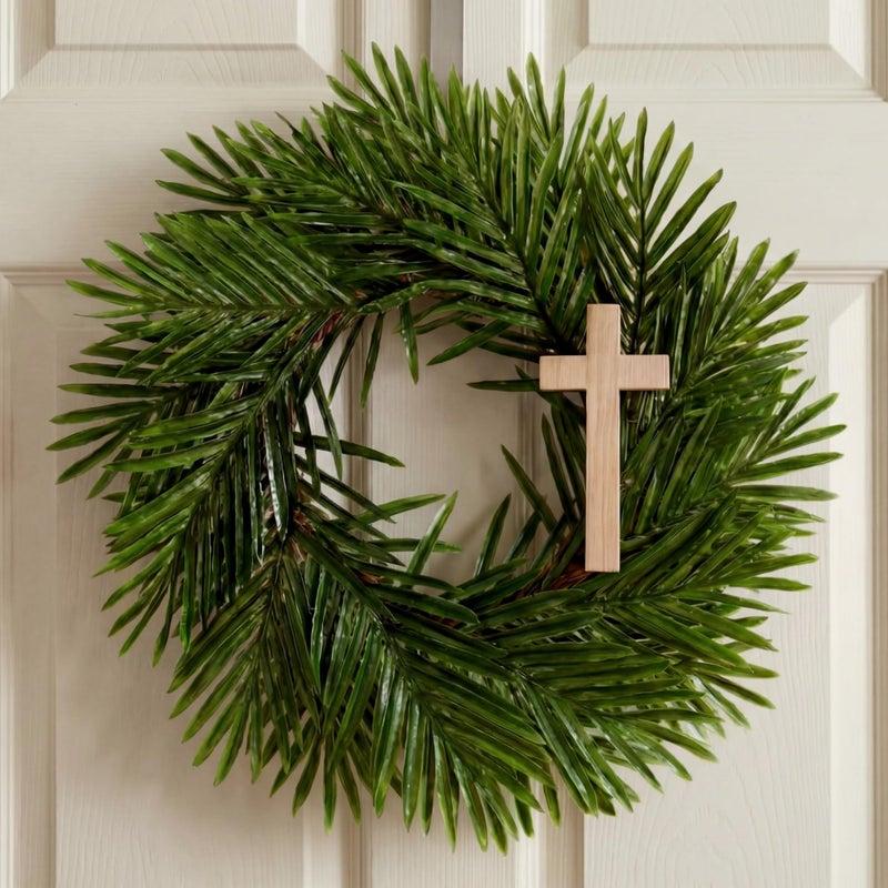 Suncalla Easter Wreath with Cross Palm Sunday Decorations Artificial Palm Leaves Wreath Hosanna Religious Christian Front Door Sign Porch Hanger for Easter Indoor Outdoor Home Holy Week Decor - Image 1