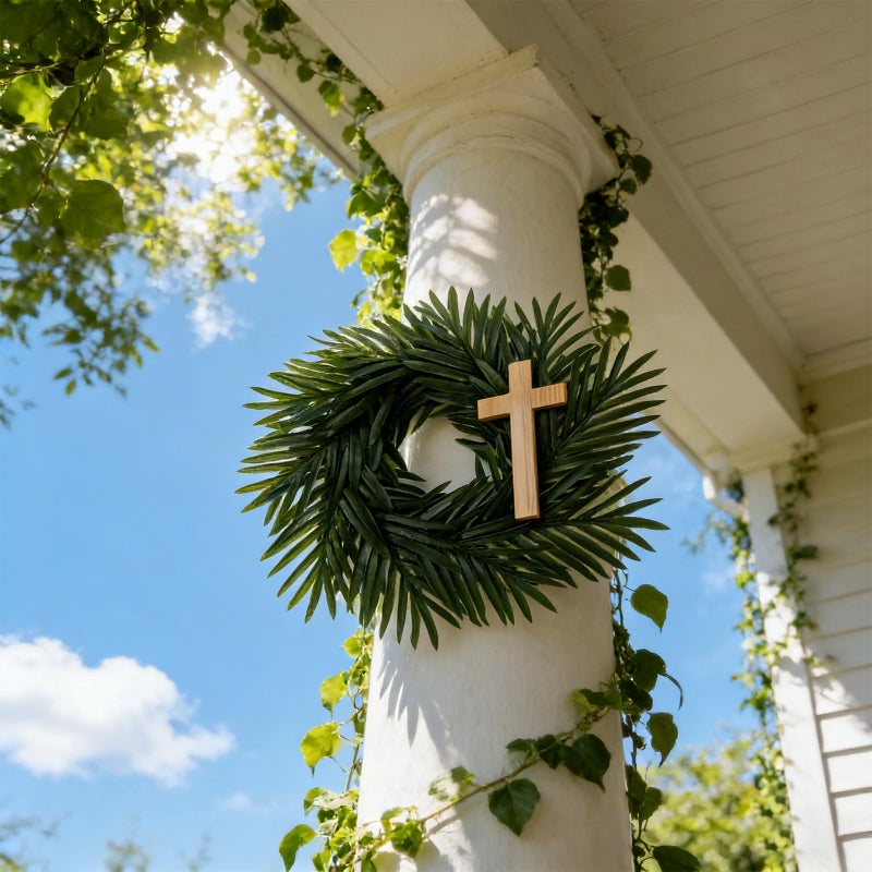 Suncalla Easter Wreath with Cross Palm Sunday Decorations Artificial Palm Leaves Wreath Hosanna Religious Christian Front Door Sign Porch Hanger for Easter Indoor Outdoor Home Holy Week Decor - Image 5