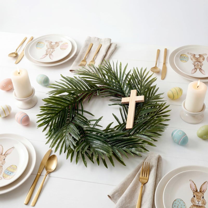 Suncalla Easter Wreath with Cross Palm Sunday Decorations Artificial Palm Leaves Wreath Hosanna Religious Christian Front Door Sign Porch Hanger for Easter Indoor Outdoor Home Holy Week Decor - Image 3