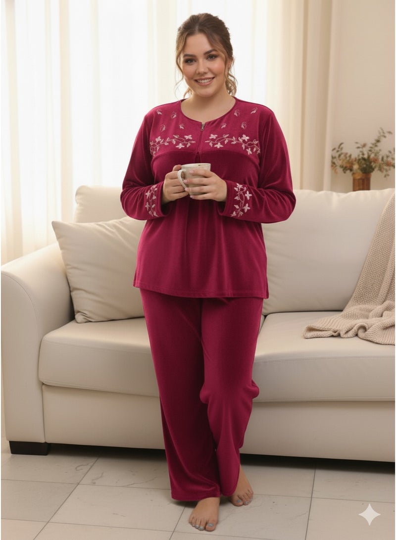 زيكوتكس  طقم بيجامة نسائية قطيفة ناعمة قطعتين - توب بأكمام طويلة ومطرز وبنطلون مريح - لون عنابي - Image 1