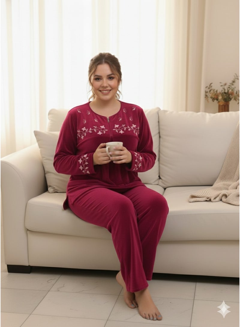 زيكوتكس  طقم بيجامة نسائية قطيفة ناعمة قطعتين - توب بأكمام طويلة ومطرز وبنطلون مريح - لون عنابي - Image 2