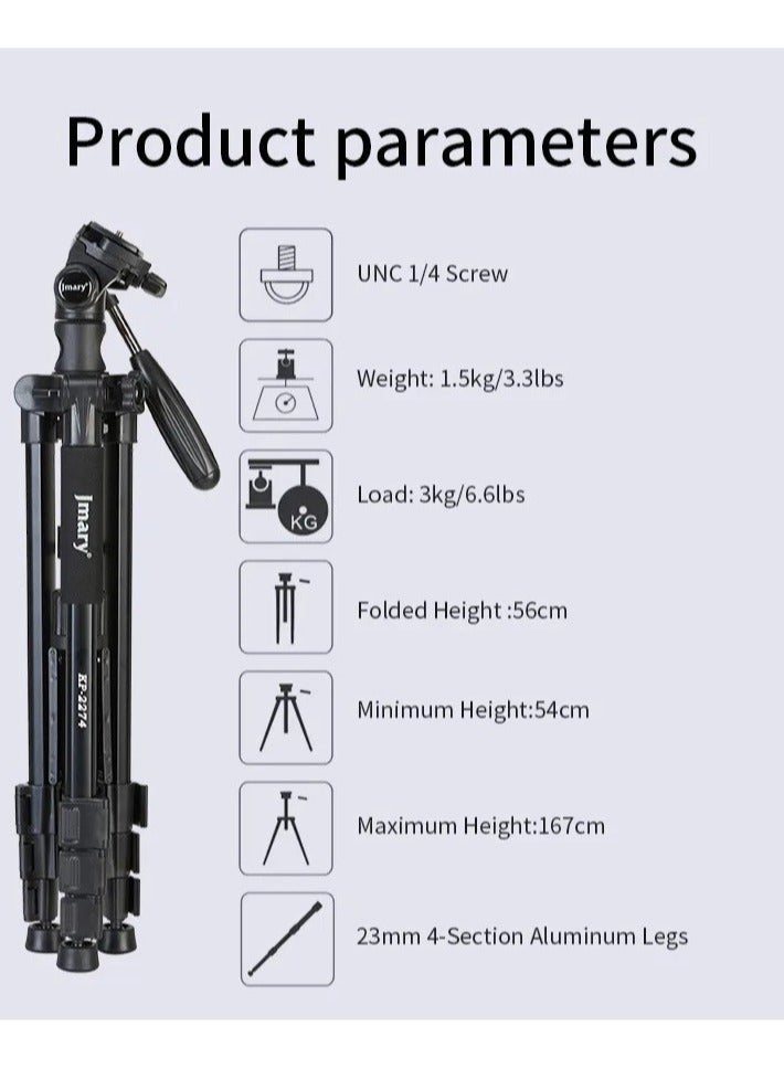Jmary KP-2274 CameraAluminium Tripod with 4 Sections Professional Detachable Monopod Tripod with 360 Degree Head Quick Release Plate - Image 4
