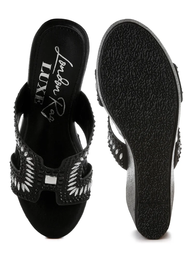 London Rag Diamante &amp; Rhinestone Detail Cut-Out Sandals in Black