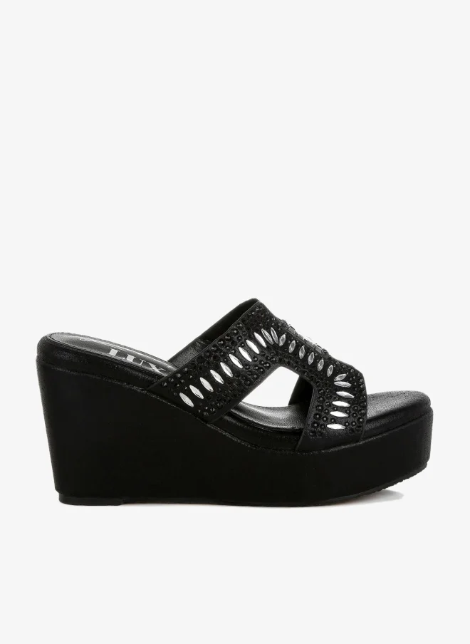 Diamante & Rhinestone Detail Cut-Out Sandals in Black