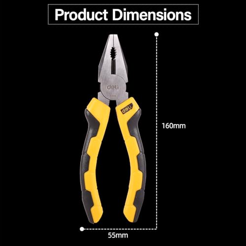 Deli DL2006 6" Combination Pliers Carbon Steel Construction Two-Colour Ergonomic Design & Anti-Slip Rubber Grip Tool for Home and Professional Use (Pack of 1, Yellow and Black) - Image 2