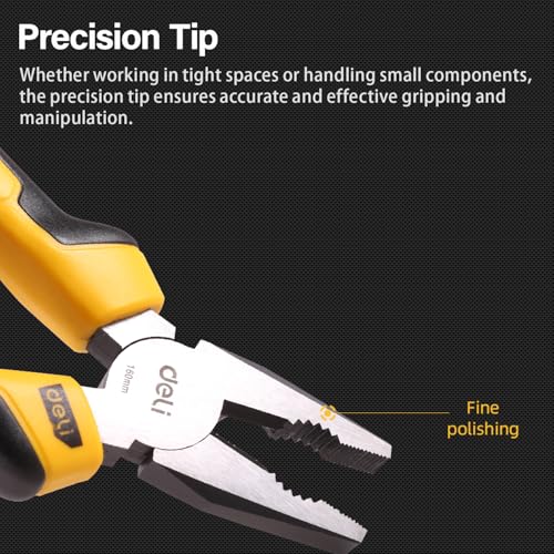 Deli DL2006 6" Combination Pliers Carbon Steel Construction Two-Colour Ergonomic Design & Anti-Slip Rubber Grip Tool for Home and Professional Use (Pack of 1, Yellow and Black) - Image 5