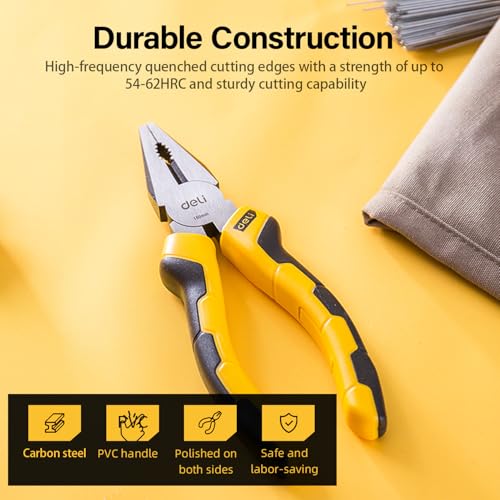 Deli DL2006 6" Combination Pliers Carbon Steel Construction Two-Colour Ergonomic Design & Anti-Slip Rubber Grip Tool for Home and Professional Use (Pack of 1, Yellow and Black) - Image 4
