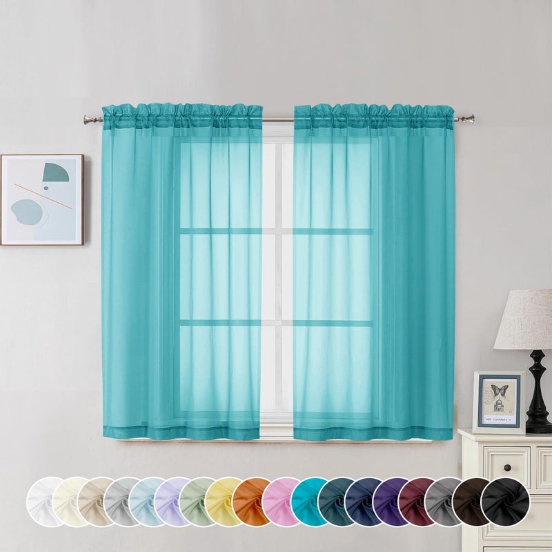Chyhomenyc Turquoise Sheer Curtains 45 Inch Long 2 Panels  Light Filtering Rod Pocket Voile Short Curtains Drapes for Living Room Bedroom Small Windows  42Wx45L Inches - Image 2