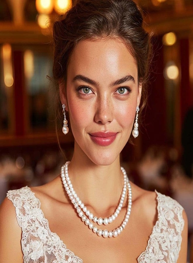 Unicra 1920s Gatsby Pearl Jewelry Set Vintage Crystal Bride Necklace Earrings Set Silver Pearl Multilayer Bridal Necklace Jewelry Accessories for Women and Brides - Image 4