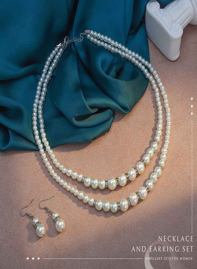 Unicra 1920s Gatsby Pearl Jewelry Set Vintage Crystal Bride Necklace Earrings Set Silver Pearl Multilayer Bridal Necklace Jewelry Accessories for Women and Brides - Image 3