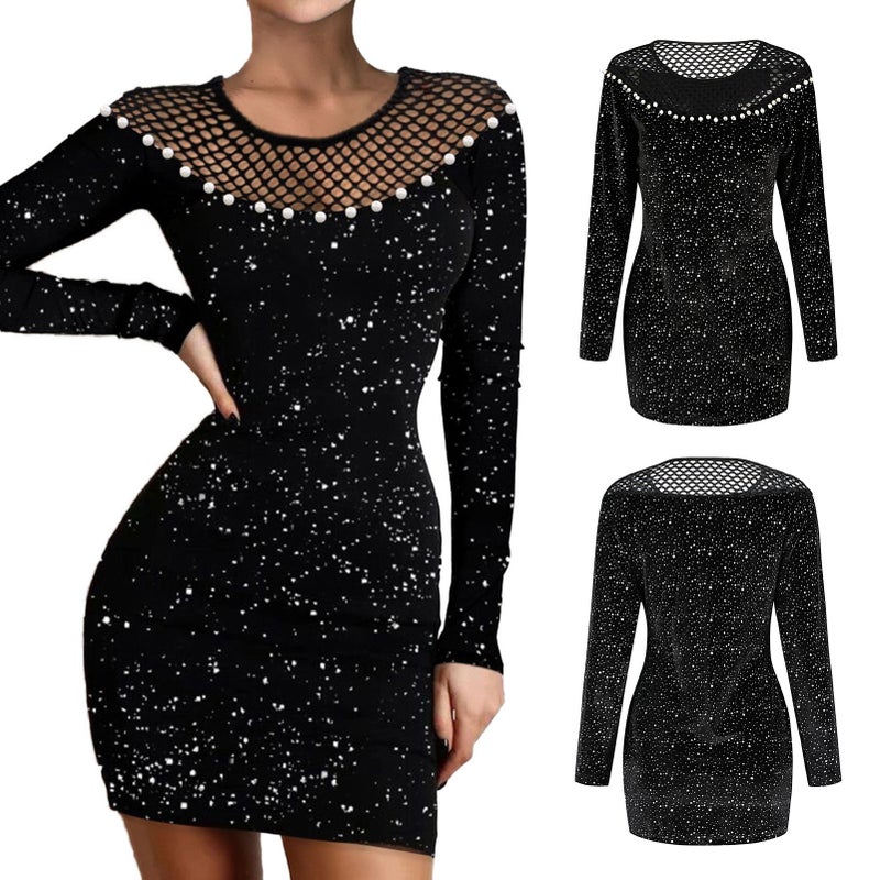 Women Glittering Dress Pearls Beaded Hollow out Long Sleeve Bodycon Party Dress - Image 3