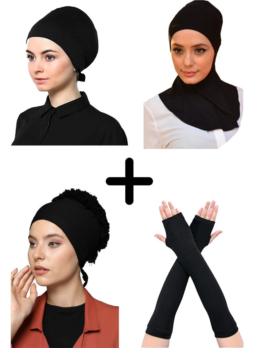 Belifanti Collection Women's Combed Cotton Neck Collar Bonnet Prayer Sleeve Frilly Bonnet Plain Bonnet Black Set of 4  - Image 1