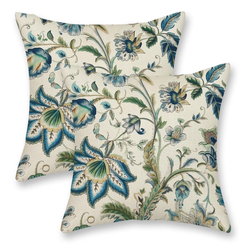 DAFENA Chinoiserie Pillow Covers 18x18 Inch 2 Pcs Spring Sage Green Blue Floral Decor Throw Pillows Vintage Flower Plant Seasonal Outdoor Decoration Pillowcase Linen Cushion Cover for Couch Sofa Bed - Image 1