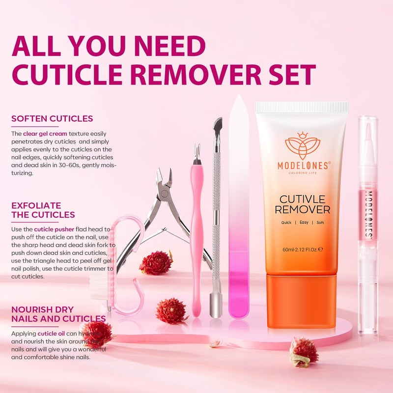 Modelones Cuticle Remover Kit - Cuticle Remover Cream & Cuticle Oil, Cuticle Care Kit w/Cuticle Trimmer Cuticle Pusher & Cuticle Nipper for DIY Nail Manicure, Removedor de Cuticula for Nail Care - Image 2