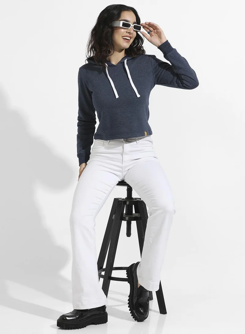 Pinacolada  Women's Prussian Blue Cropped Pullover Hoodie With Contrast Drawstring for Women | Best Price UAE