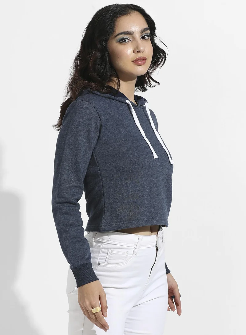 Pinacolada  Women's Prussian Blue Cropped Pullover Hoodie With Contrast Drawstring for Women | Best Price UAE