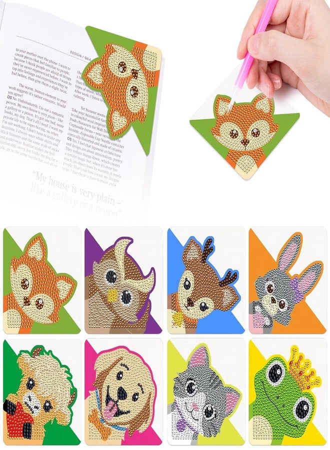 Anseal 8 Pcs Diamond Art Bookmarks, Rhinestone Crystal Corner Bookmarks for Book Lovers, Triangle Embroidery Painting Arts Crafts Book Mark for Gifts (Animal) - Image 1