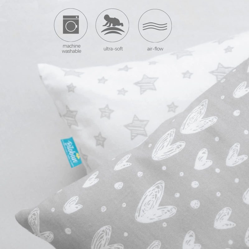 Biloban Organic Cotton Youth Pillowcase 2 Pack, (Pillowcases Only) Kids Pillowcase for Sleeping Fit Pillow Sized 16" x22“, Envelope Travel Pillowcases for Girl Boy, Gray Heart & White Star - Image 4