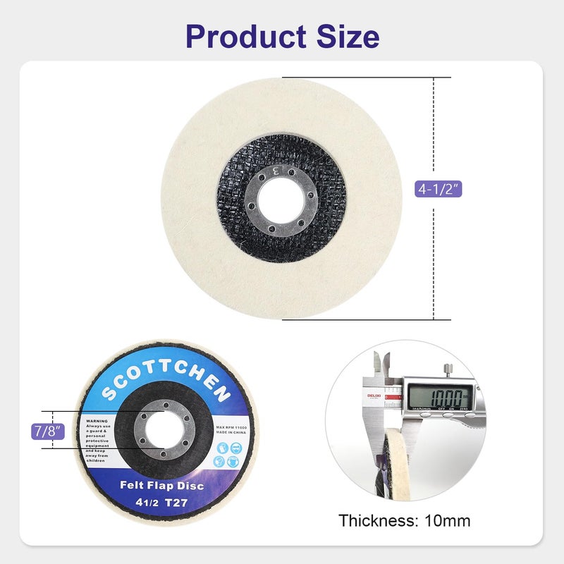 SCOTTCHEN Wool Felt Polishing Wheel Disc,4-1/2" x 7/8" Arbor Wool Polishing Wheel Disc for Angle Grinder for Metal Aluminum,Stainless Steel, Chrome, Wood, Plastic, Ceramic, Glass-10 Pack - Image 2