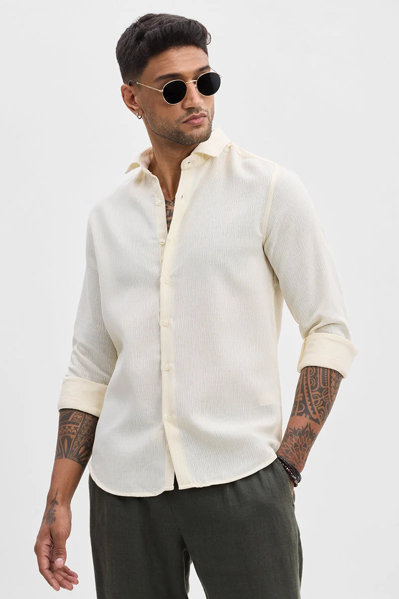 سنيتش Cream Textured Long Sleeve Slim Fit Casual Shirt