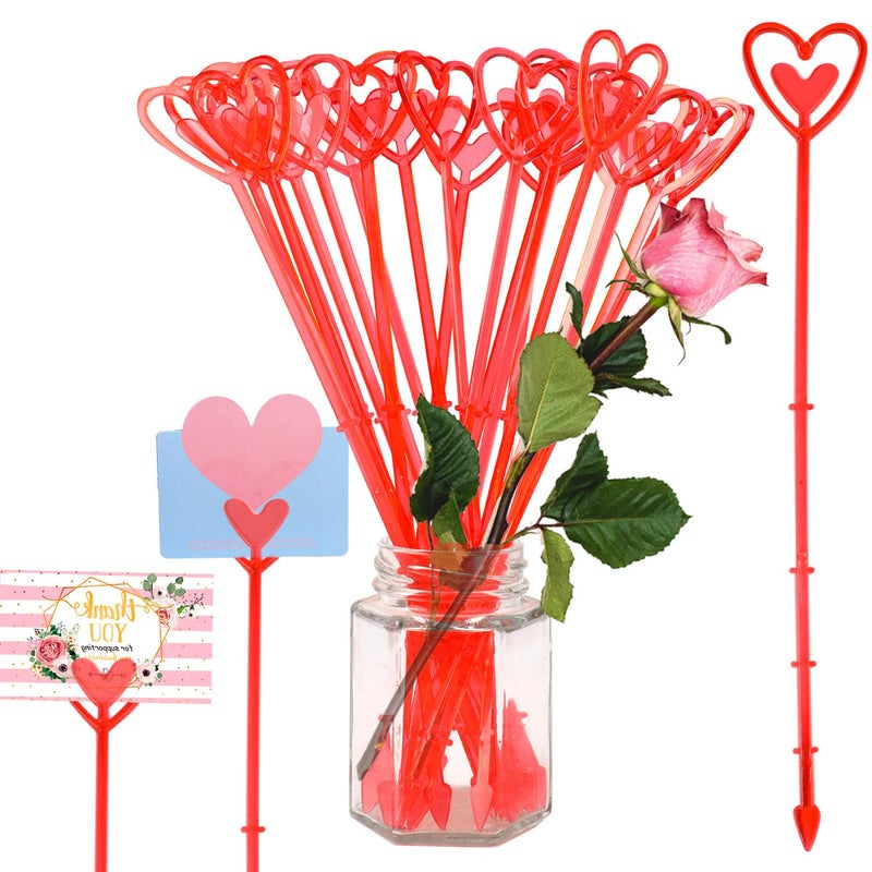 FOIMAS 100pcs Floral Pick Card Holder,Red Heart Plastic Flower Card Holder Clips for Floral Bouquet Arrangement Wedding Valentine Party Decoration - Image 1