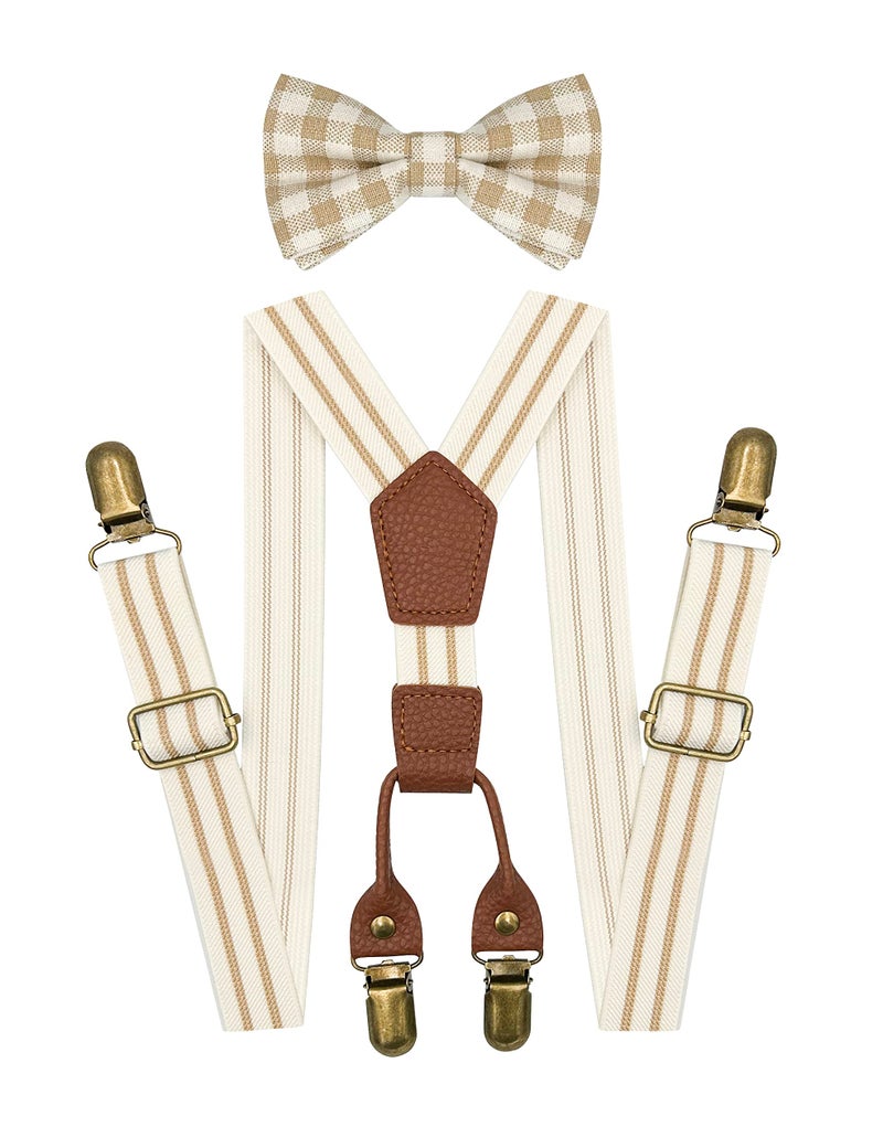 BEWDIO Brown Baby Suspenders and Bow Tie for Boys, Stripe Bowtie and Suspenders with 4 Strong Metal Clips (4-12-1) - Image 1