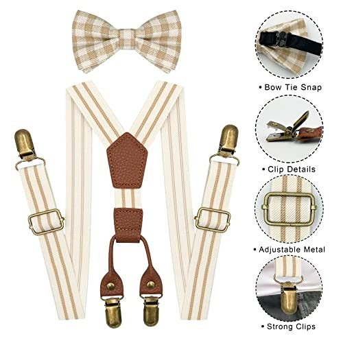 BEWDIO Brown Baby Suspenders and Bow Tie for Boys, Stripe Bowtie and Suspenders with 4 Strong Metal Clips (4-12-1) - Image 2
