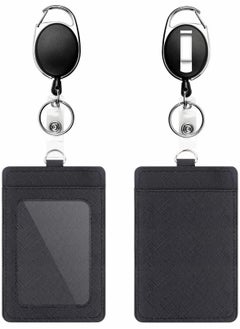 KASTWAVE Badge Holders, 2 Pcs Heavy Duty Retractable Reel Clips Set with Carabiner Clip, Vertical Leather ID Card Holder, Black  - Image 1