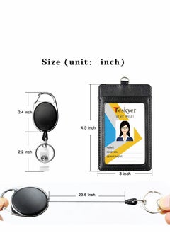 KASTWAVE Badge Holders, 2 Pcs Heavy Duty Retractable Reel Clips Set with Carabiner Clip, Vertical Leather ID Card Holder, Black  - Image 2