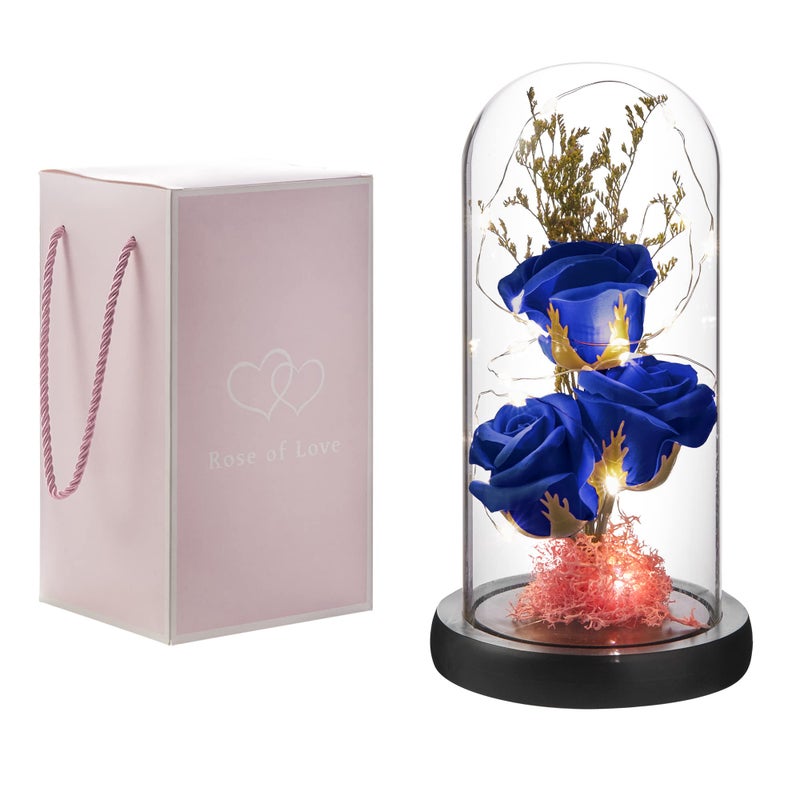 oridom Preserved Flower Gift Light Up Rose in Glass Dome Eternal Forever Rose Flower Gifts for Her Grandma Mothers Day Valentines Day Anniversary Birthday Christmas Decorations Blue