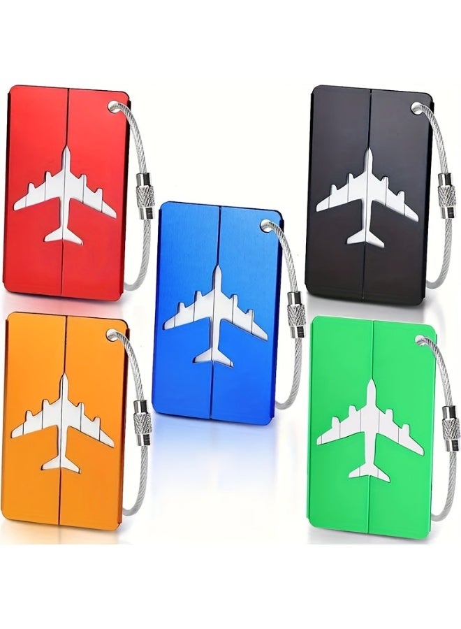 5-Pack Aluminum Luggage Tags, Waterproof Airplane Design, Lightweight with Stainless Steel Loop, Fashion Minimalist Commute Tags, Travel Identification Tags in Red, Blue, Black, Golden, Green - Image 1