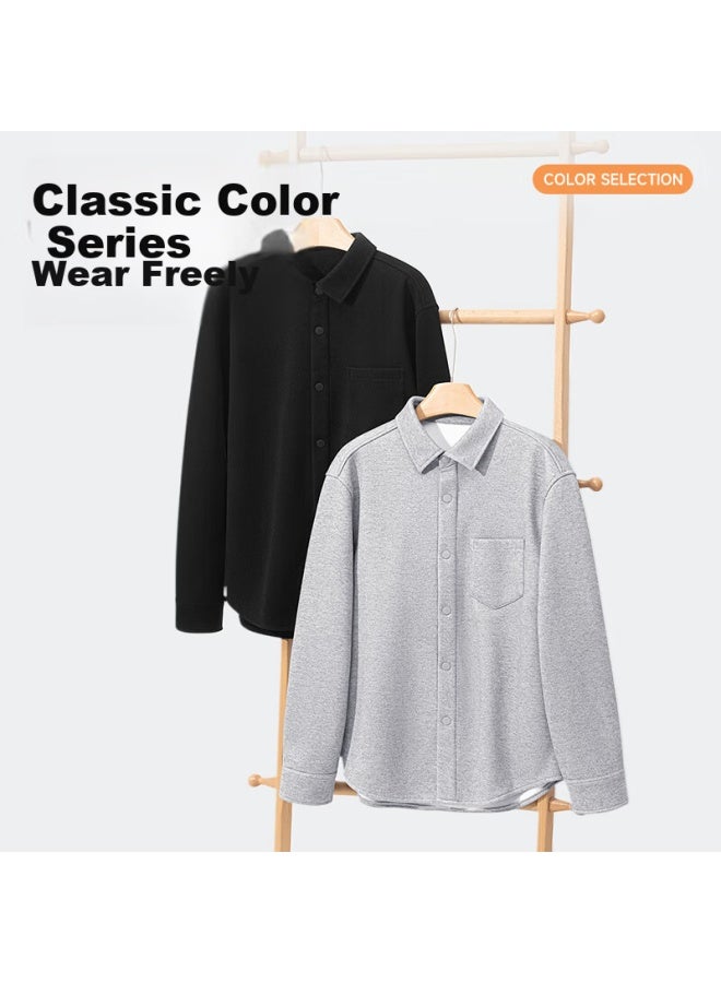 Vancl Fleece Lined Flannel Shirt Men Winter Thickened Basic Long Sleeve Shirt Light Gray 2XL - Image 4