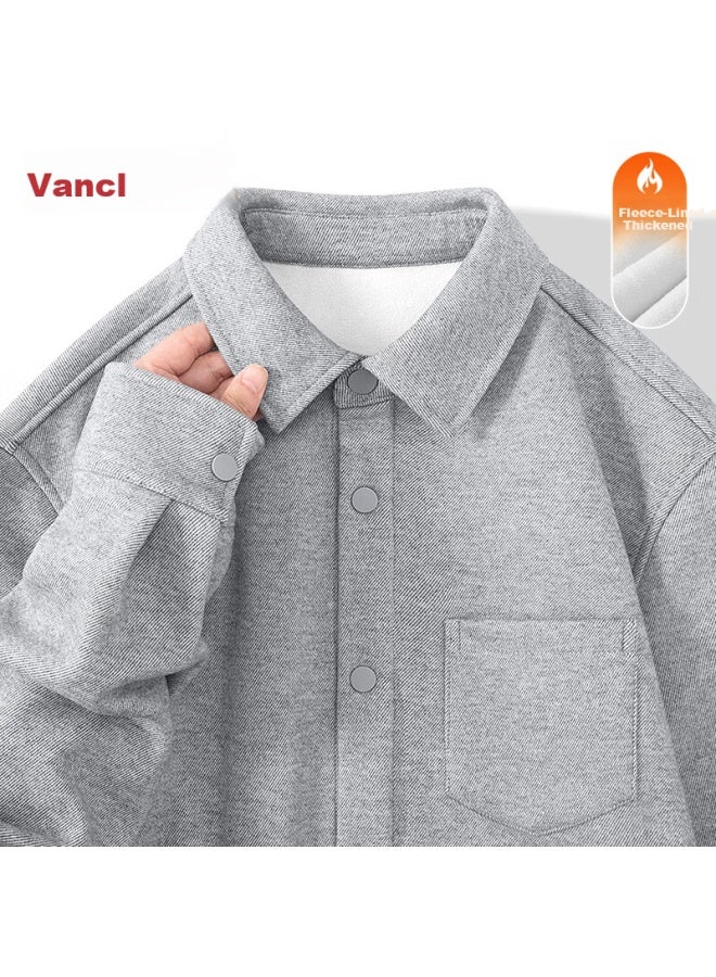 Vancl Fleece Lined Flannel Shirt Men Winter Thickened Basic Long Sleeve Shirt Light Gray 2XL - Image 1