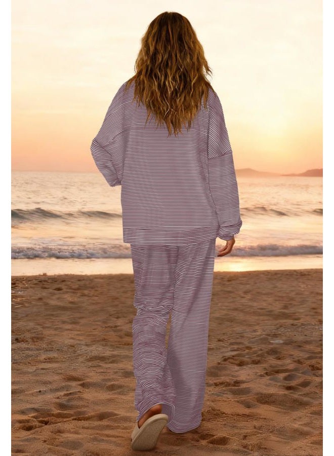Yanekop Womens Striped Lounge Sets Long Sleeve Pajama Set Cozy Loungewear Set Oversized Striped Shirt Wide Leg Pants, Red Brown Oatmeal Stirped, S - Image 4