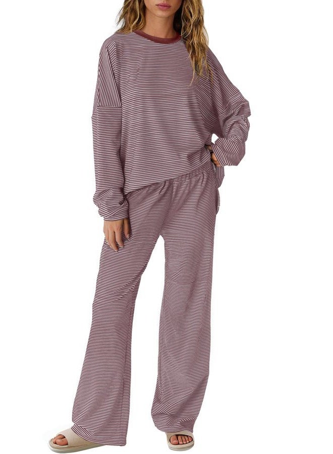Yanekop Womens Striped Lounge Sets Long Sleeve Pajama Set Cozy Loungewear Set Oversized Striped Shirt Wide Leg Pants, Red Brown Oatmeal Stirped, S - Image 1