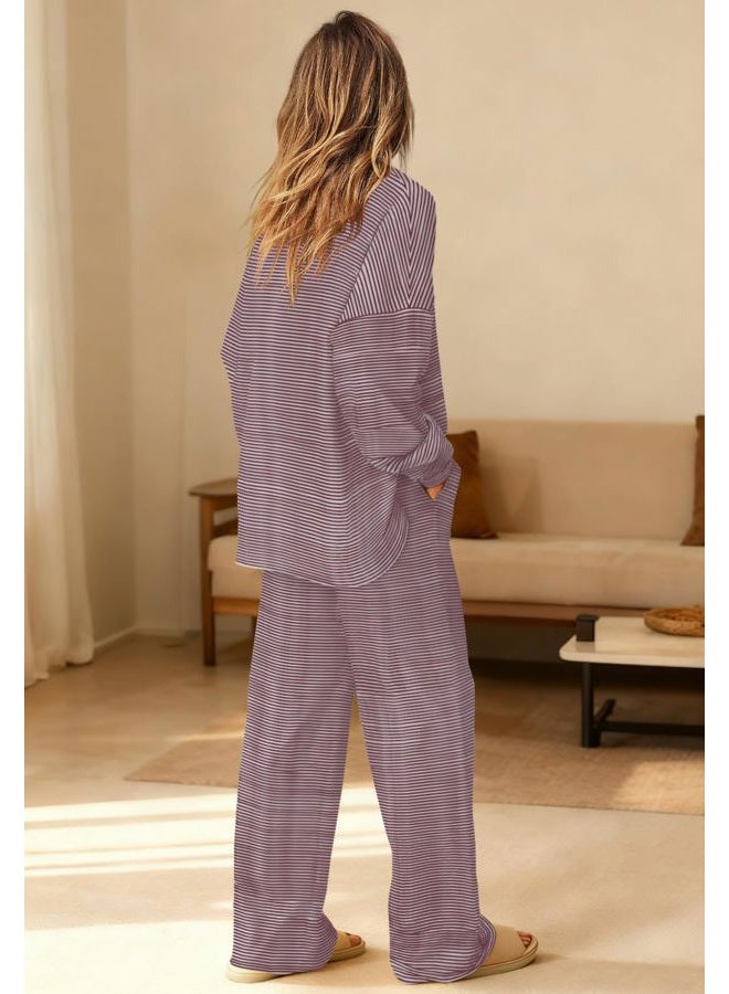 Yanekop Womens Striped Lounge Sets Long Sleeve Pajama Set Cozy Loungewear Set Oversized Striped Shirt Wide Leg Pants, Red Brown Oatmeal Stirped, S - Image 3